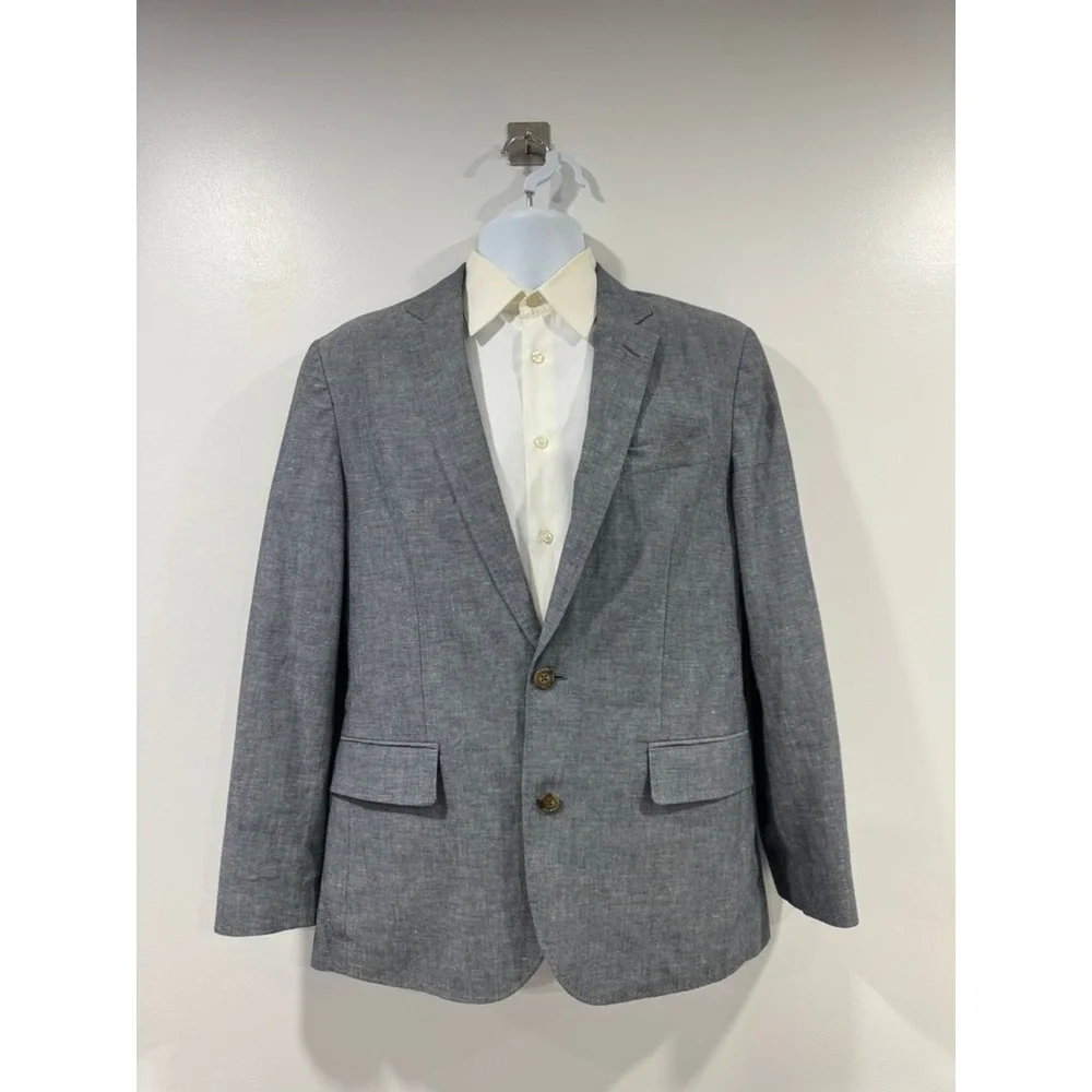 J. Crew Men Blue Linen Cotton Blend Two Button Blazer Sport Coat 38S